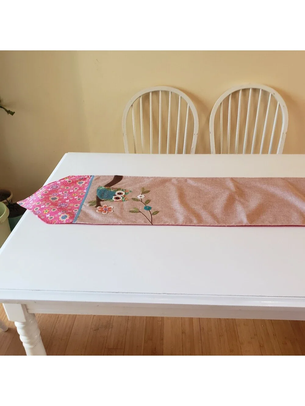 Owl Table Runner Floral Felt Applique Embroidery Ribbon Spring Summer Pink